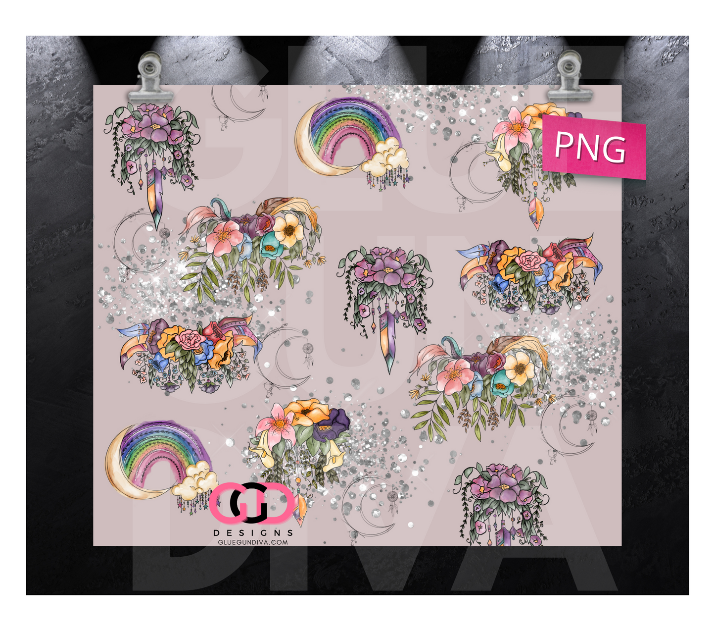 Boho Glitter Background- Digital tumbler wrap for 20 oz skinny straight tumbler