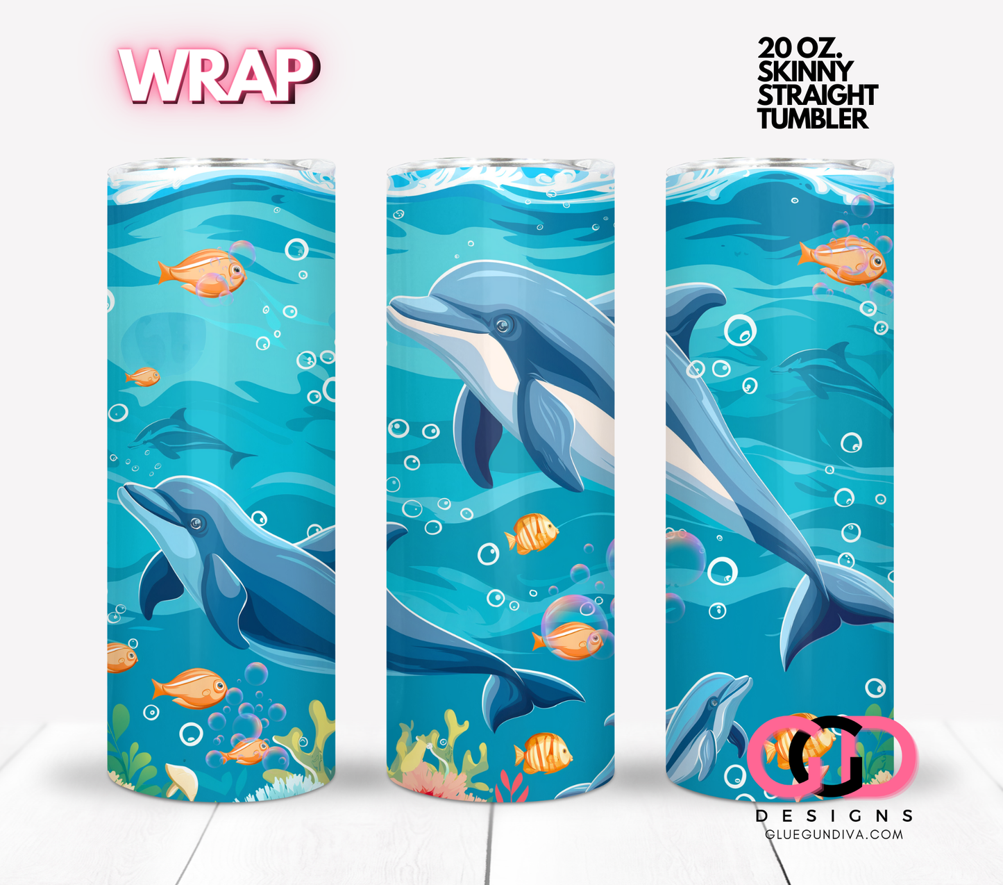 Dolphin Swim - Digital tumbler wrap for 20 oz skinny straight tumbler