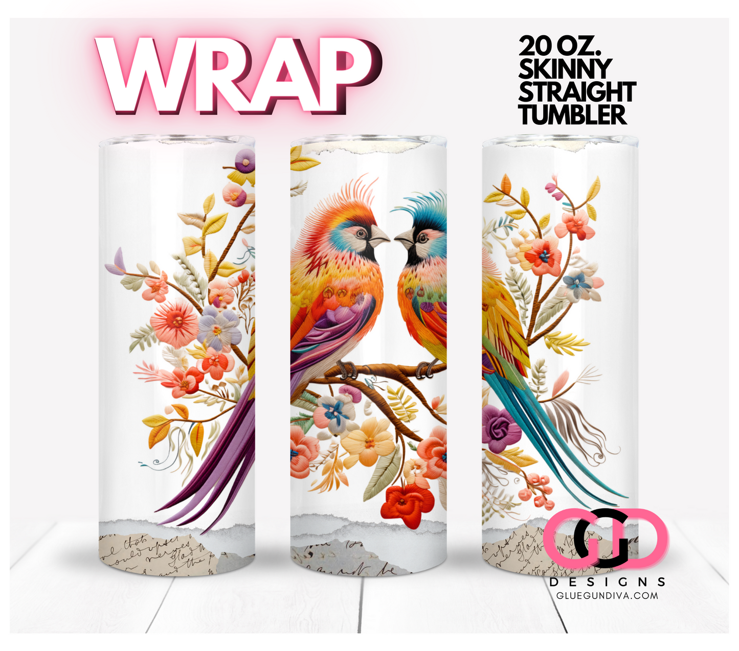 Embroidered Love Birds- Digital tumbler wrap for 20 oz skinny straight tumbler