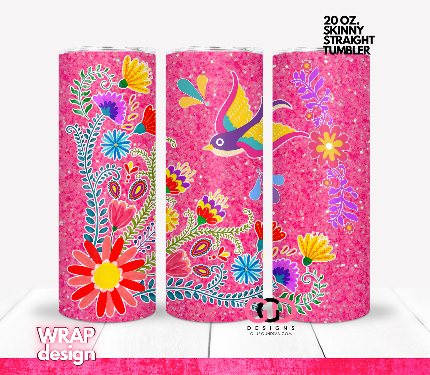 Hot Pink Glitter Mexican Flowers - Digital tumbler wrap for 20 oz skinny straight tumbler