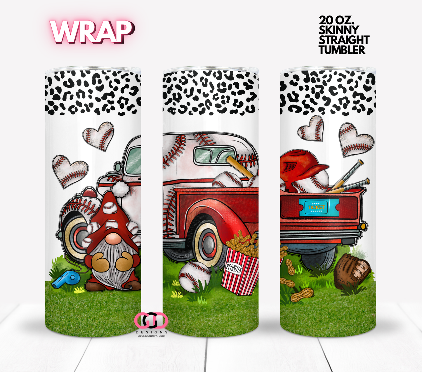 Baseball Spirit Gnome Truck - Digital tumbler wrap for 20 oz skinny straight tumbler