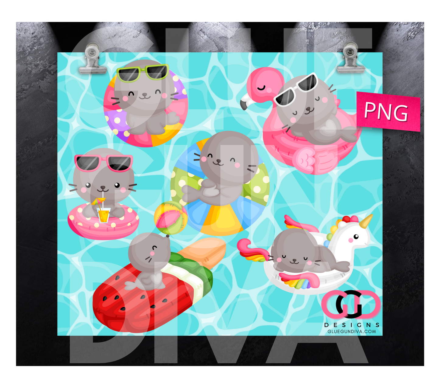 Seal Pool Party - Digital tumbler wrap for 20 oz skinny straight tumbler