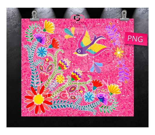 Hot Pink Glitter Mexican Flowers - Digital tumbler wrap for 20 oz skinny straight tumbler