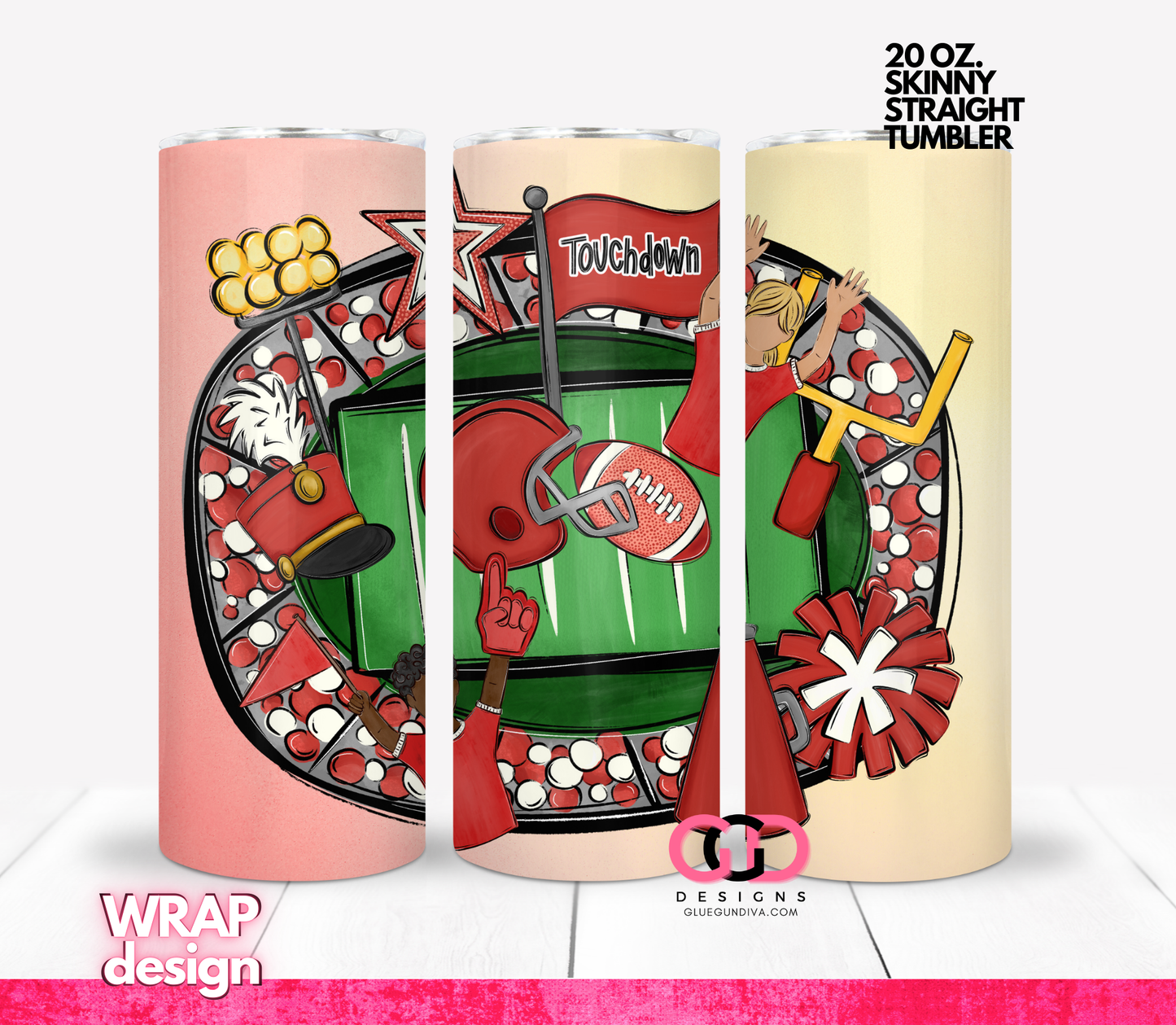 Red Football Team Touchdown- Digital tumbler wrap for 20 oz skinny straight tumbler