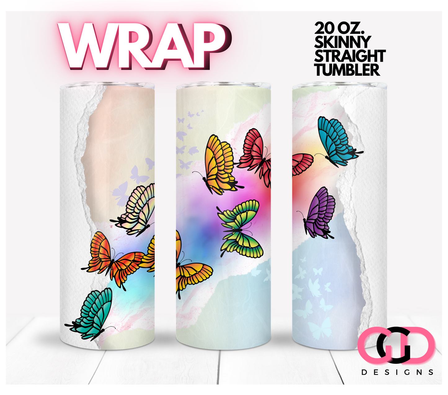 Butterfly Rainbow- Digital tumbler wrap for 20 oz skinny straight tumbler