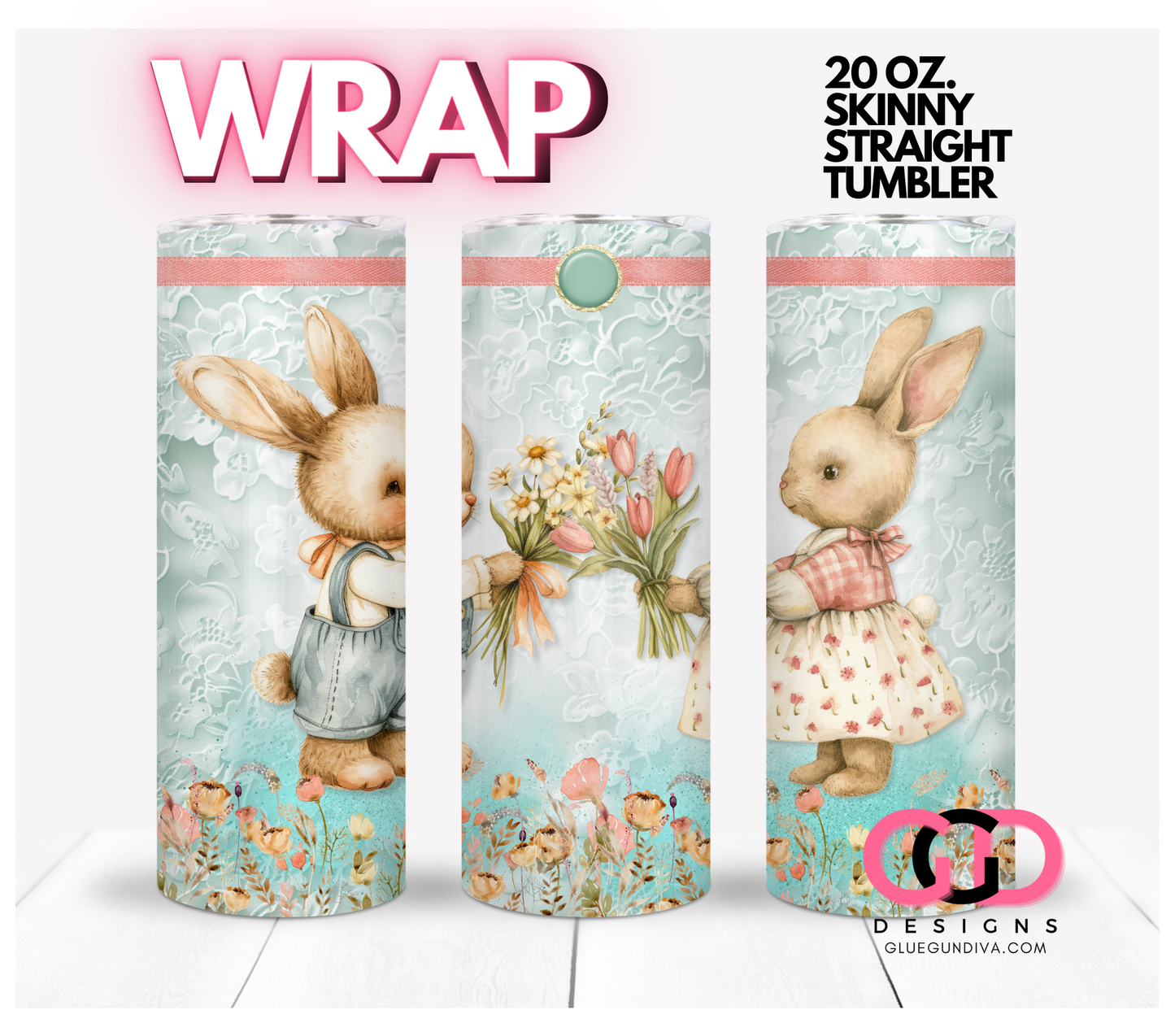 Vintage Lace Bunnies - Digital tumbler wrap for 20 oz skinny straight tumbler