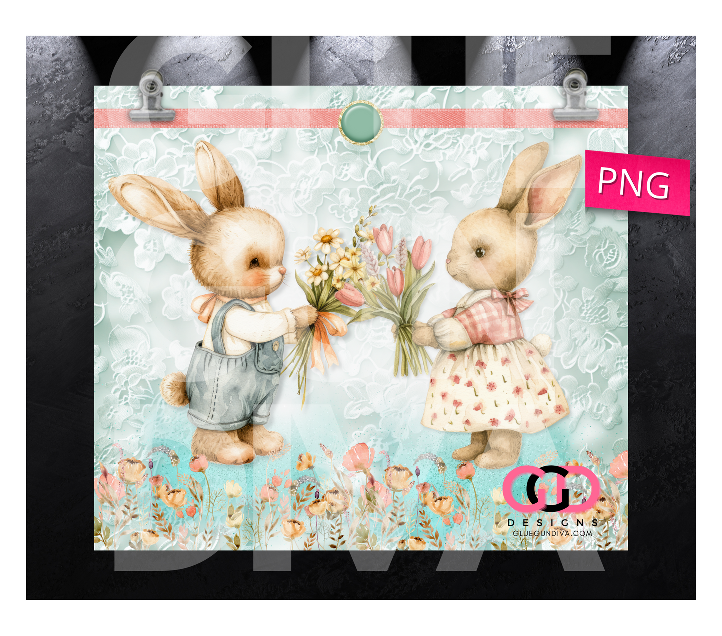 Vintage Lace Bunnies - Digital tumbler wrap for 20 oz skinny straight tumbler