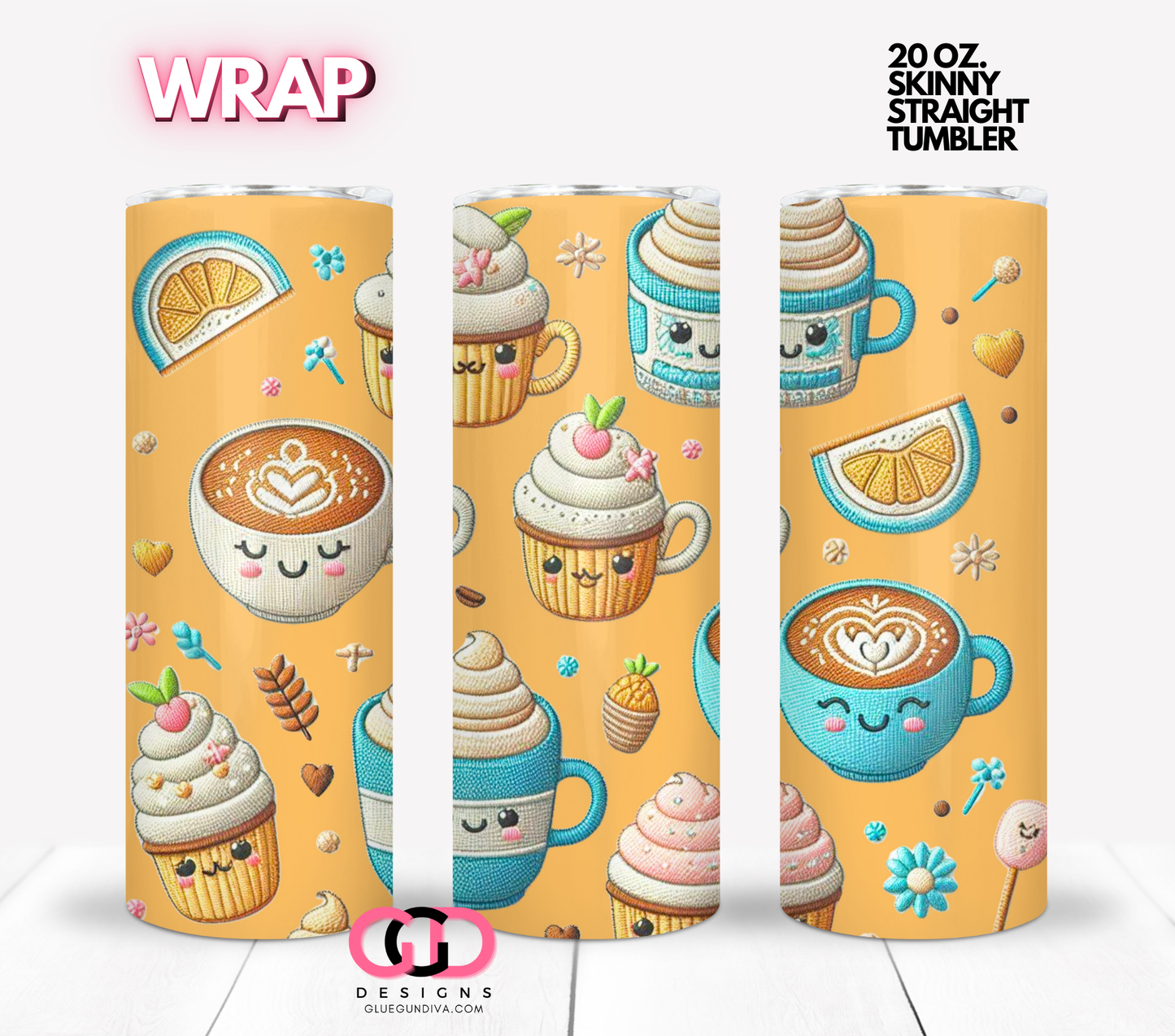 Happy lemons cupcakes and coffee- Digital tumbler wrap for 20 oz skinny straight tumbler