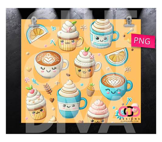 Happy lemons cupcakes and coffee- Digital tumbler wrap for 20 oz skinny straight tumbler