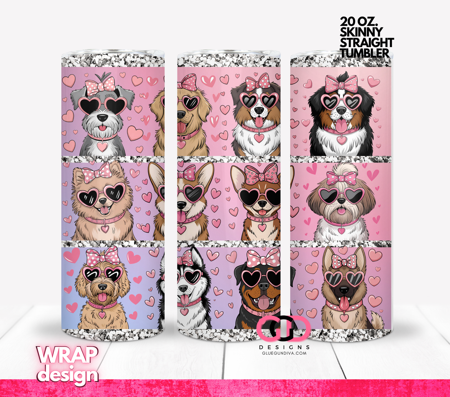 Dogs and Hearts - Digital tumbler wrap for 20 oz skinny straight tumbler