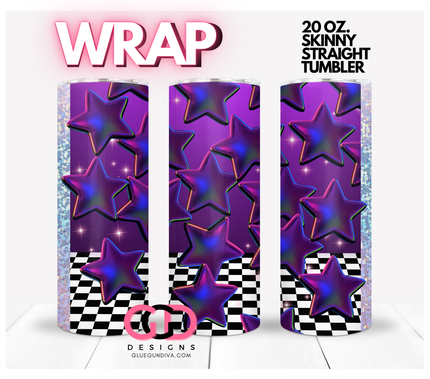 Purple Stars Checkered - Digital tumbler wrap for 20 oz skinny straight tumbler