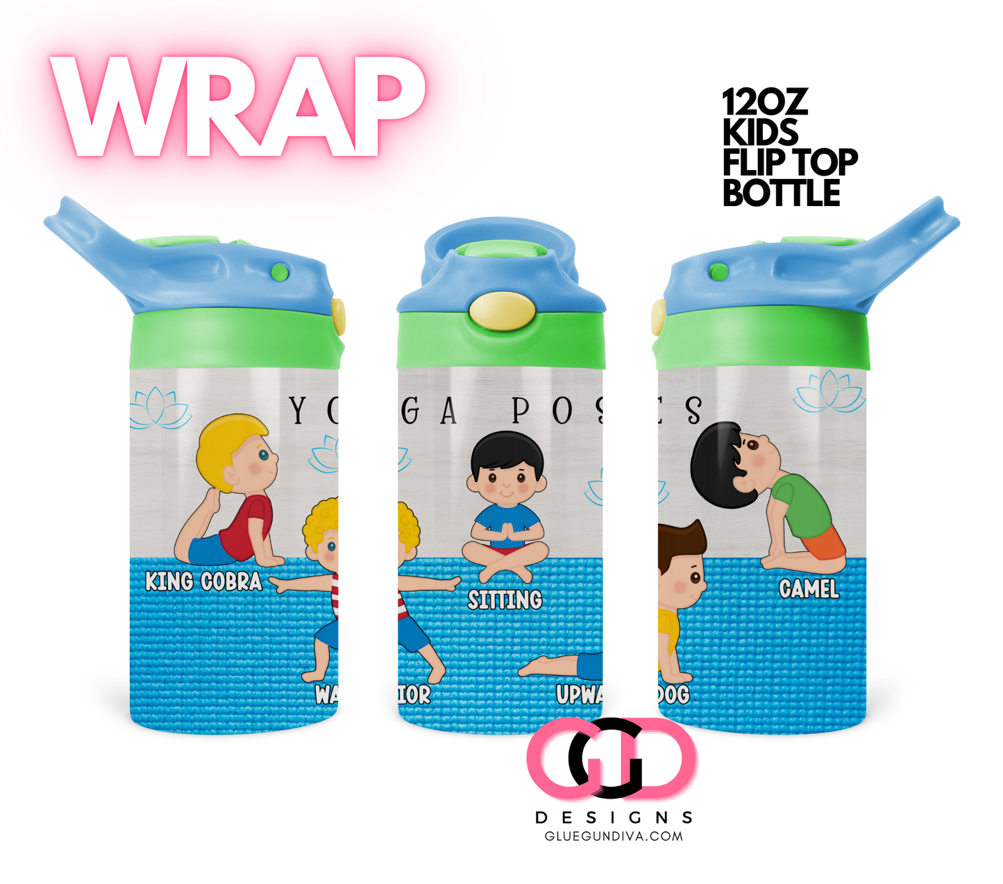 Yoga Poses Boy 1 - Digital Flip Top Bottle Wrap for kid's bottles 12 oz