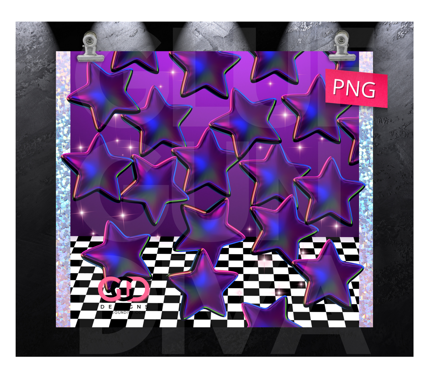 Purple Stars Checkered - Digital tumbler wrap for 20 oz skinny straight tumbler