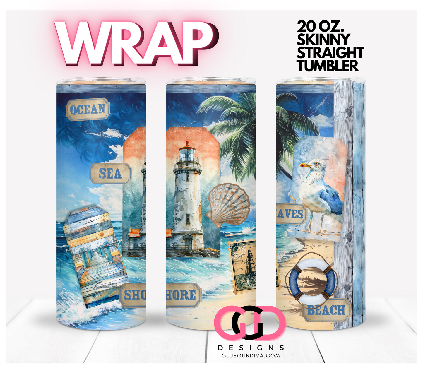 Beach Labels - Digital tumbler wrap for 20 oz skinny straight tumbler