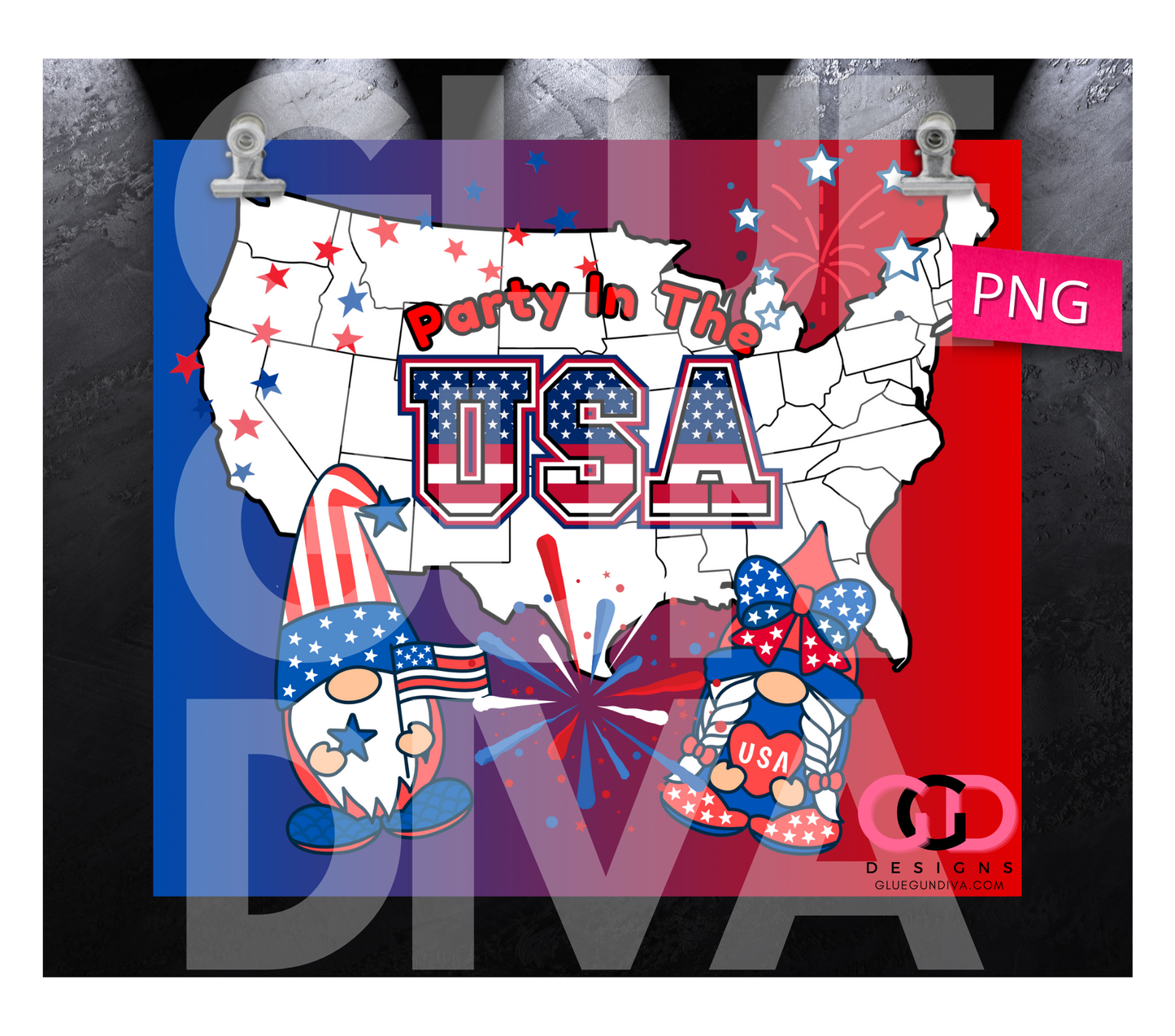 Party in the USA Gnomes- Digital tumbler wrap for 20 oz skinny straight tumbler