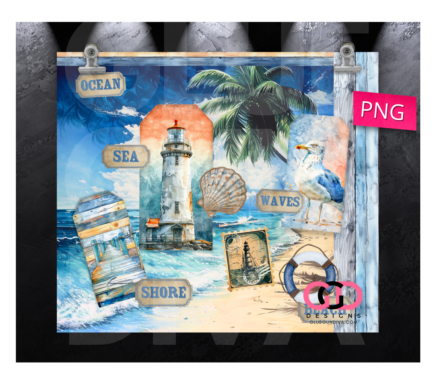 Beach Labels - Digital tumbler wrap for 20 oz skinny straight tumbler