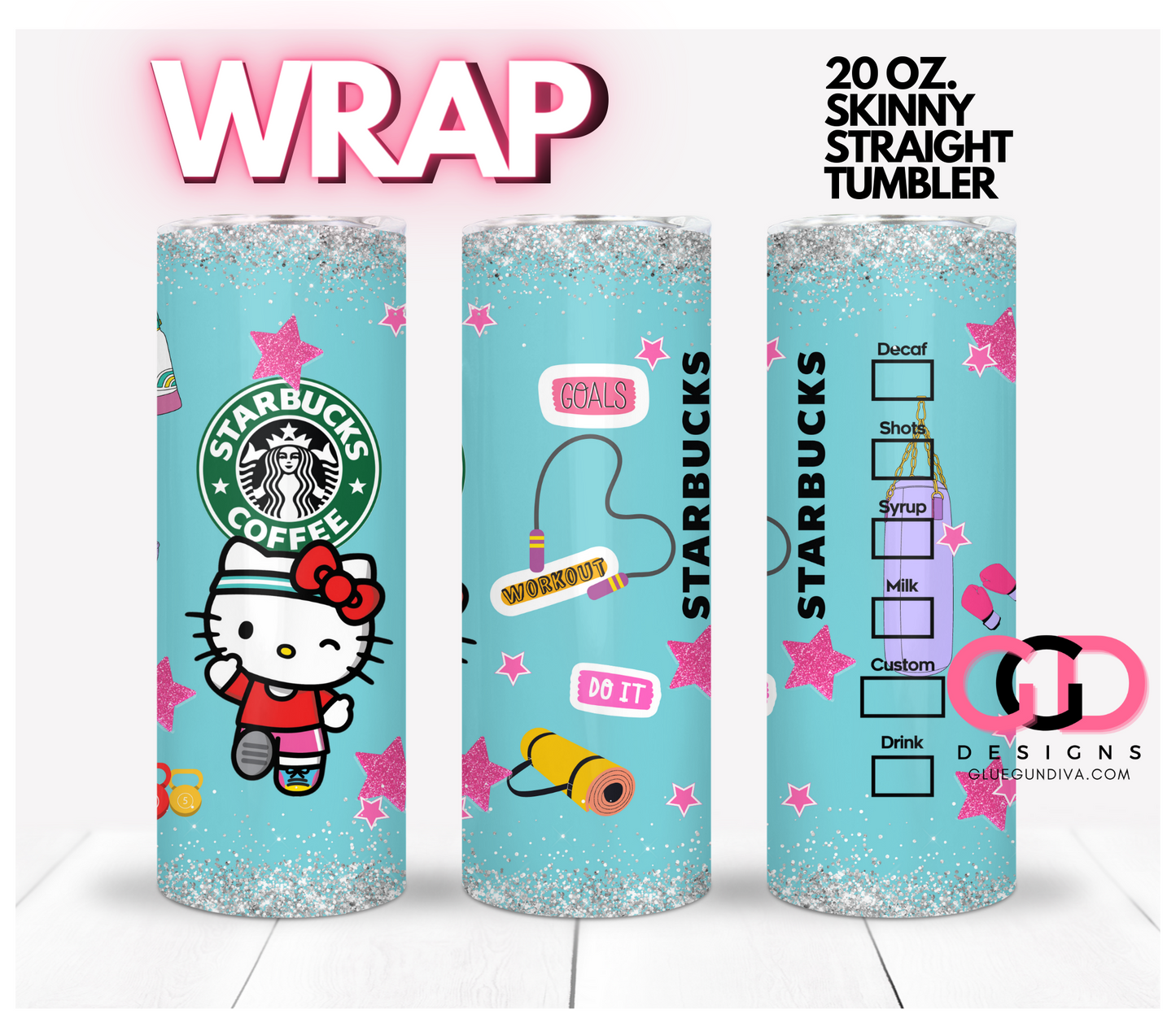 Workout Kitty - Digital tumbler wrap for 20 oz skinny straight tumbler