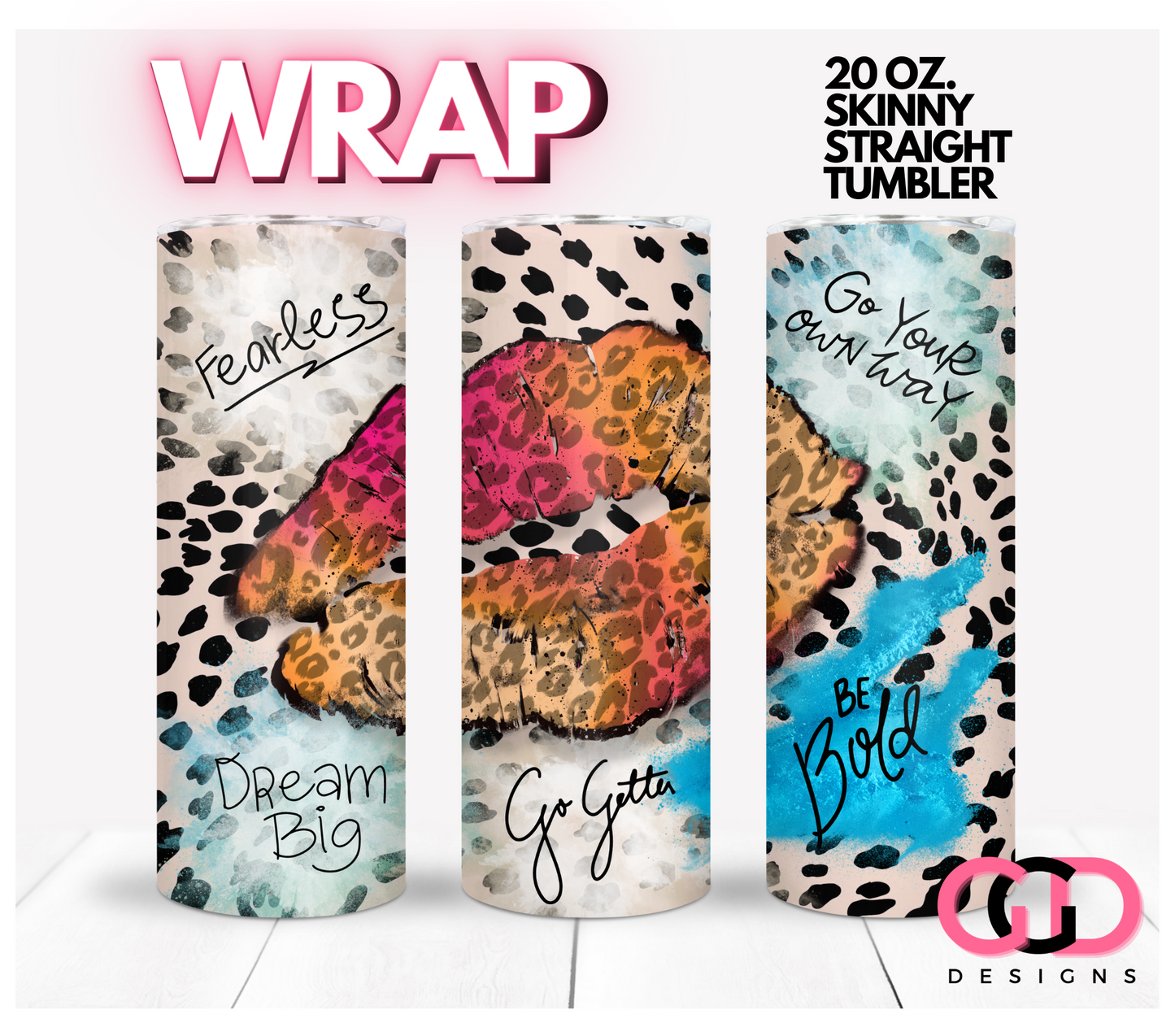 Leopard Print Lips Affirmations- Digital tumbler wrap for 20 oz skinny straight tumbler