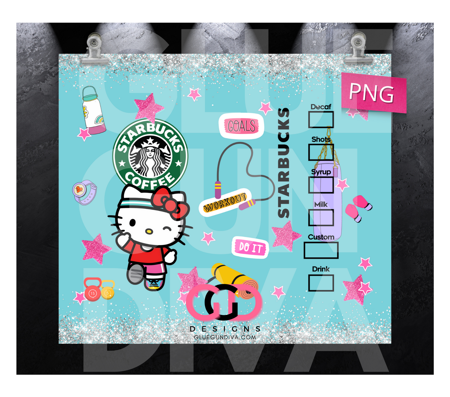 Workout Kitty - Digital tumbler wrap for 20 oz skinny straight tumbler