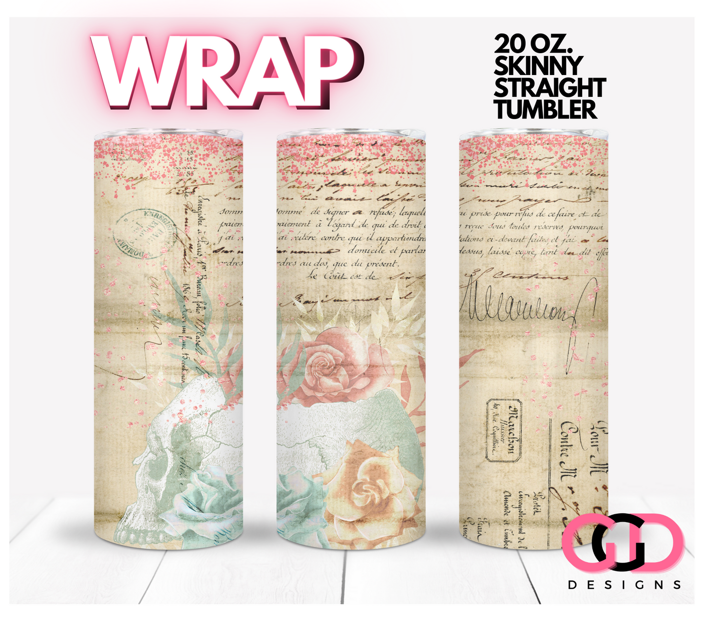Vintage Skull Flowers- Digital tumbler wrap for 20 oz skinny straight tumbler