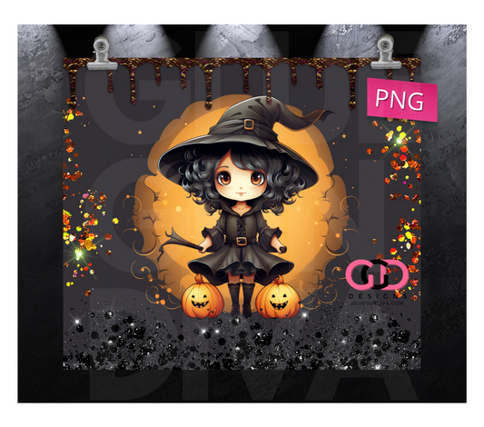 Cute Witch with Glitter - Digital tumbler wrap for 20 oz skinny straight tumbler