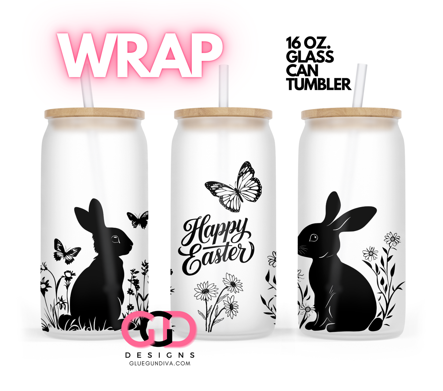 Easter Bunnies Silhouette- Digital wrap for 16 oz glass can