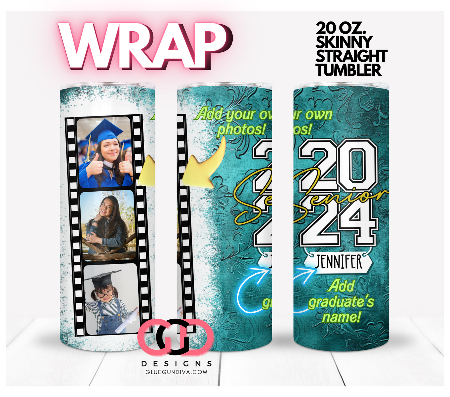 Senior 2024 picture frames teal- Digital tumbler wrap for 20 oz skinny straight tumbler