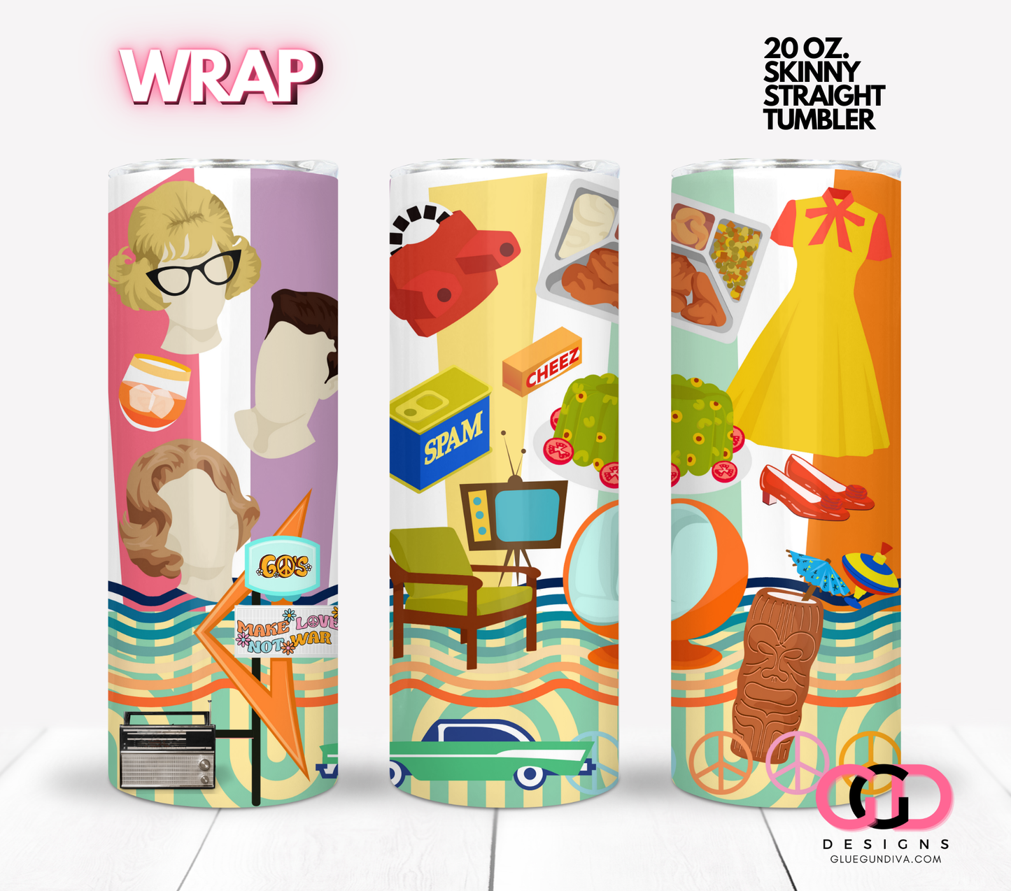 1960s- Digital tumbler wrap for 20 oz skinny straight tumbler