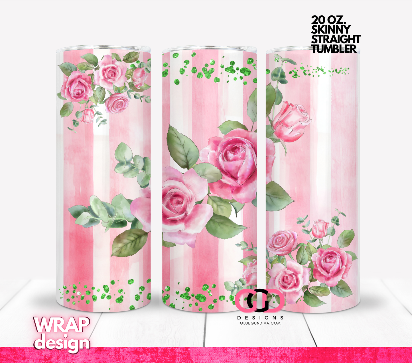 Pink Stripes and Roses - Digital tumbler wrap for 20 oz skinny straight tumbler