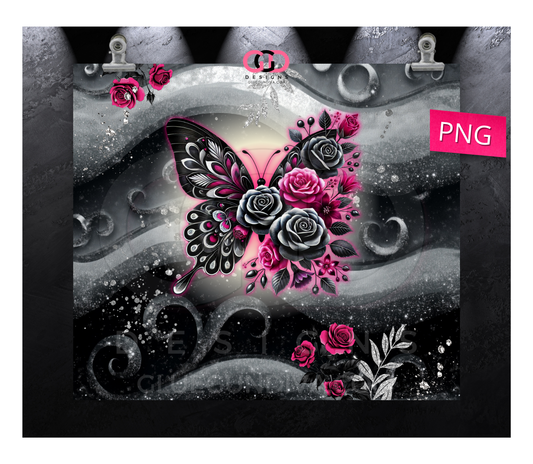Black Hot Pink Butterfly Bouquet- Digital tumbler wrap for 20 oz skinny straight tumbler