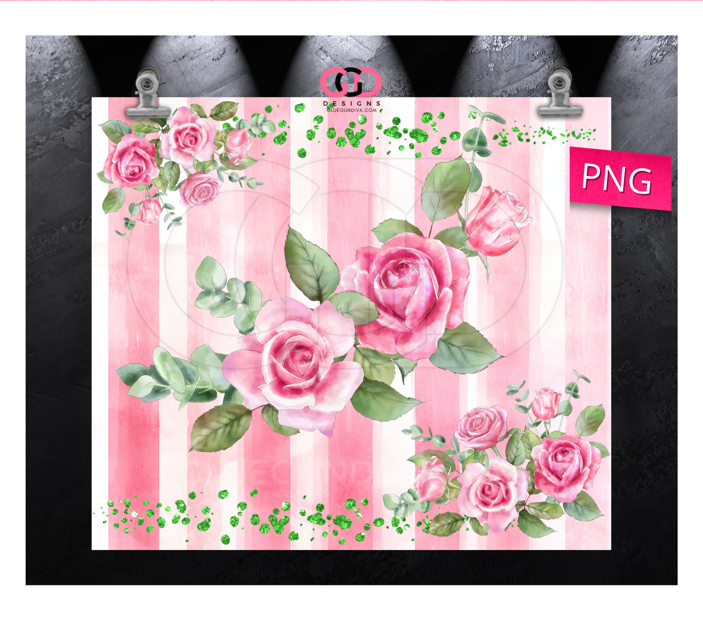 Pink Stripes and Roses - Digital tumbler wrap for 20 oz skinny straight tumbler
