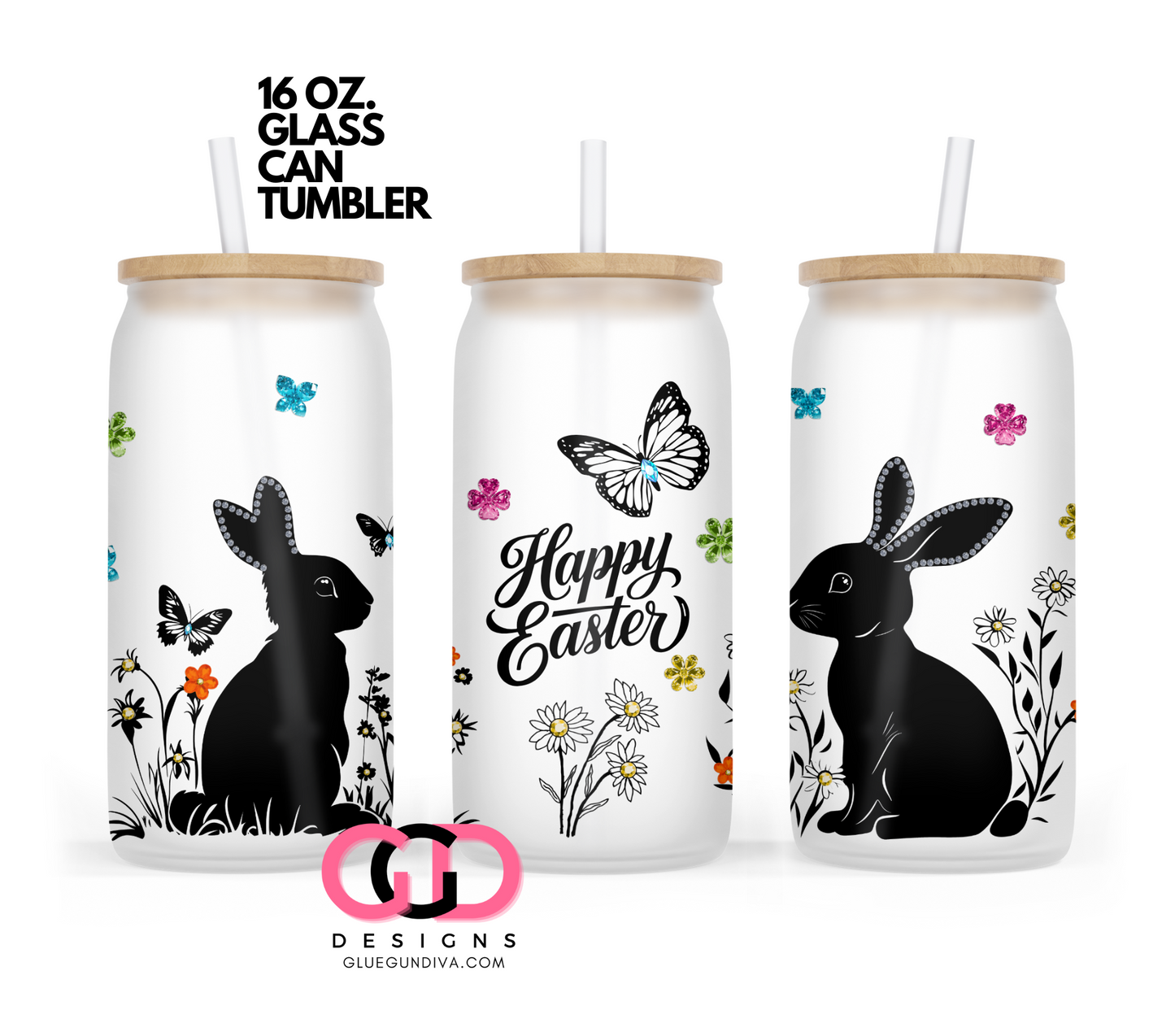 Rhinestone Easter Bunnies Silhouette- Digital wrap for 16 oz glass can