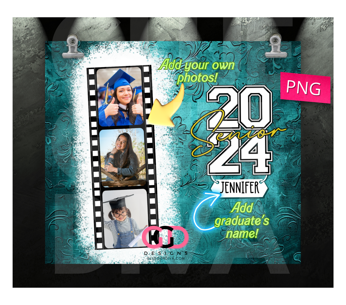 Senior 2024 picture frames teal- Digital tumbler wrap for 20 oz skinny straight tumbler