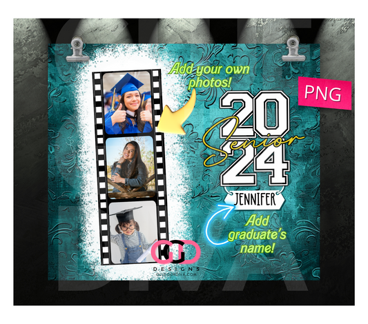 Senior 2024 picture frames teal- Digital tumbler wrap for 20 oz skinny straight tumbler