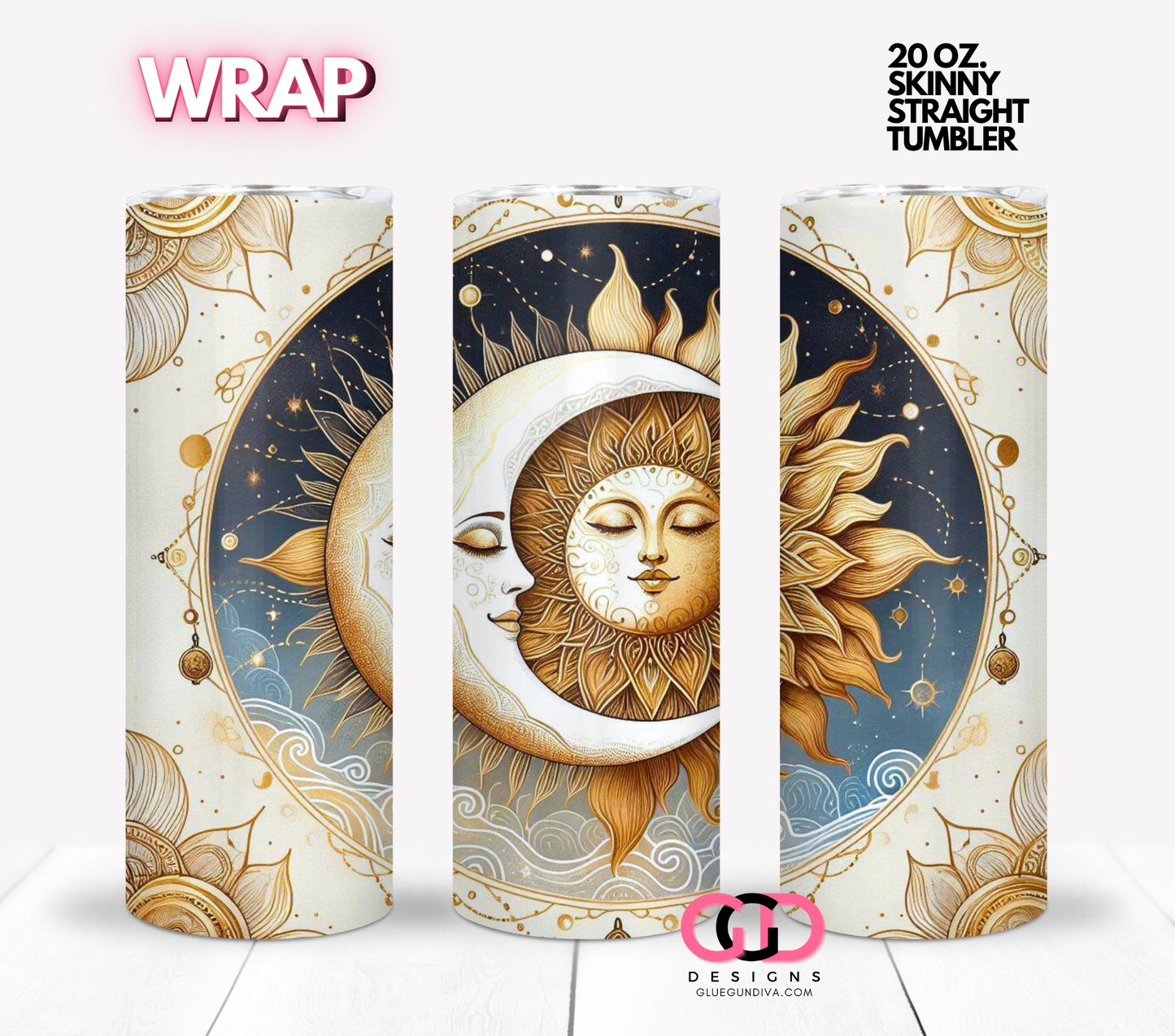 Sun Moon Vintage Gold Accents- Digital tumbler wrap for 20 oz skinny straight tumbler