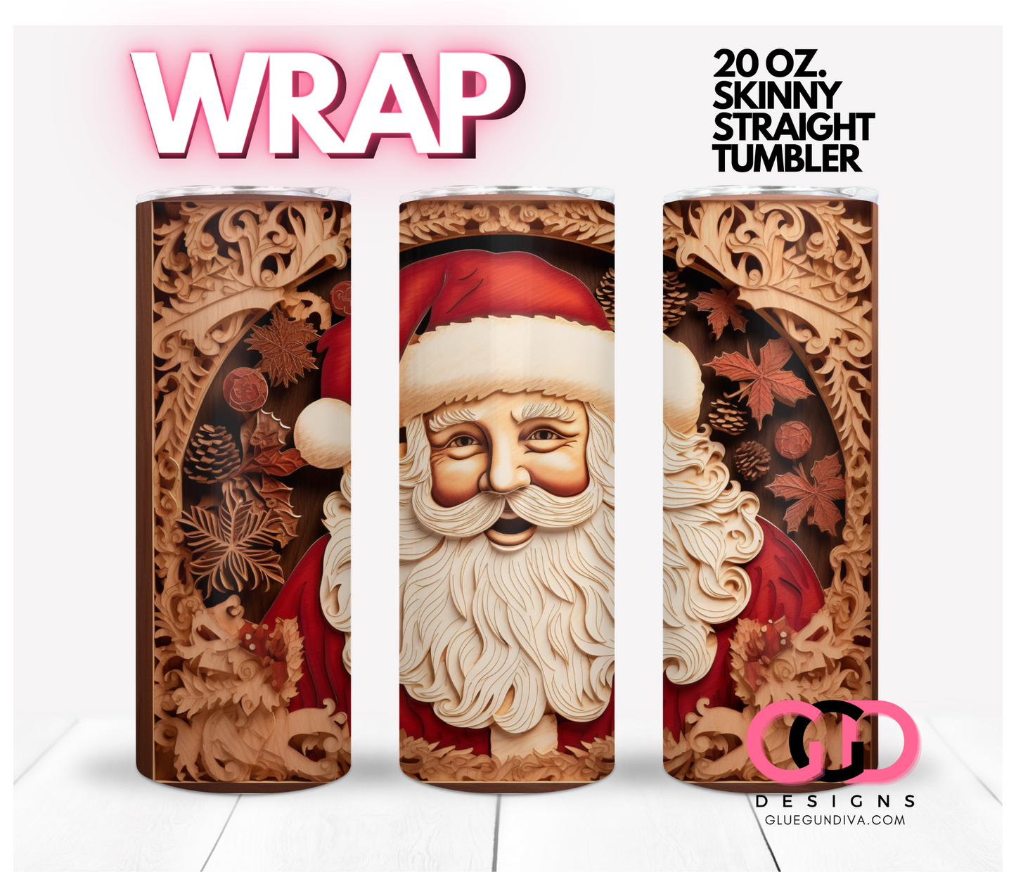 Santa Wood Laser Cut- Digital tumbler wrap for 20 oz skinny straight tumbler