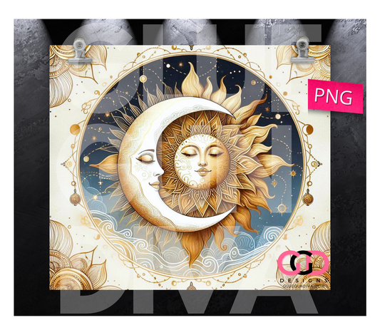 Sun Moon Vintage Gold Accents- Digital tumbler wrap for 20 oz skinny straight tumbler