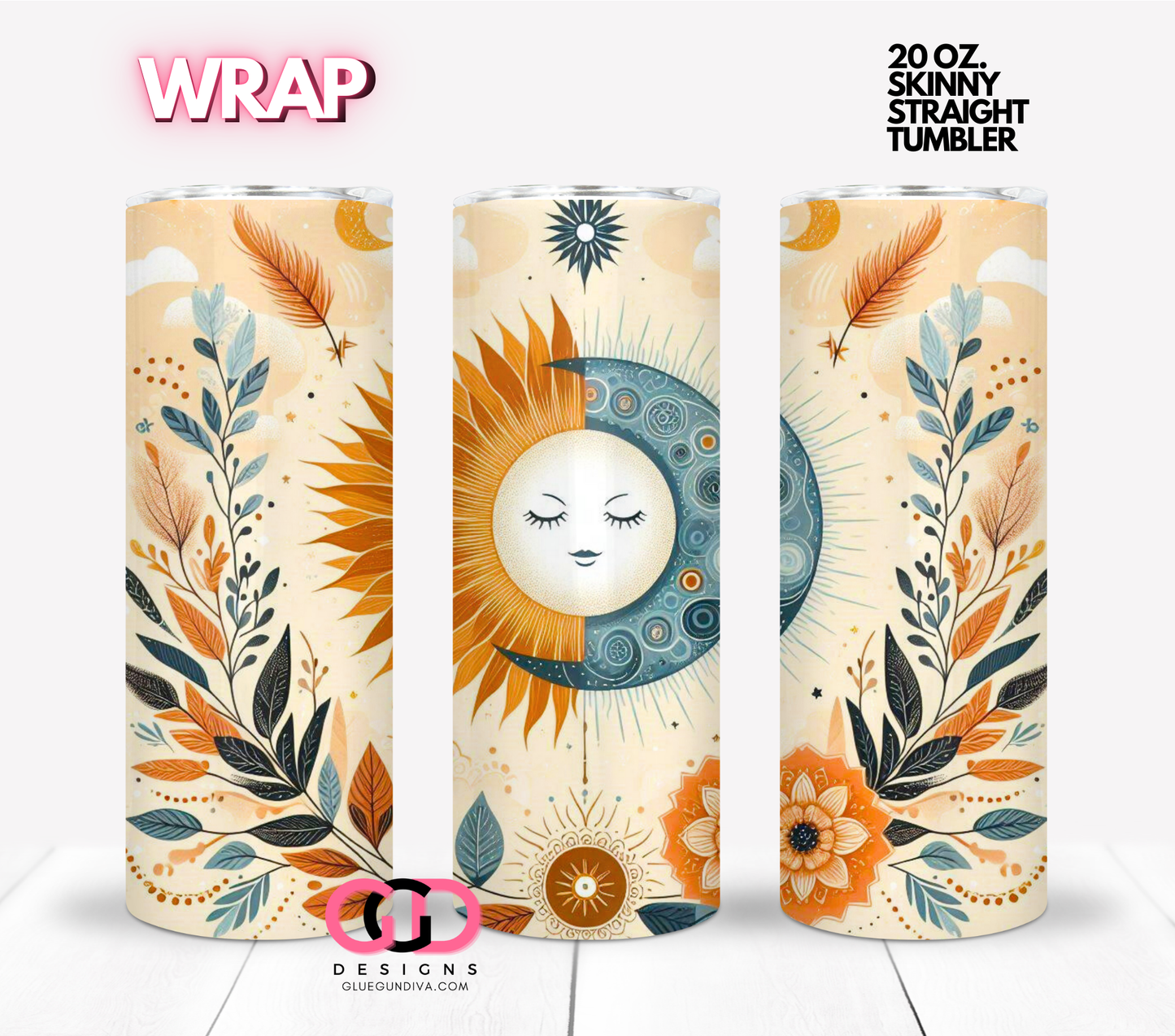 Boho Sun & Moon - Digital tumbler wrap for 20 oz skinny straight tumbler