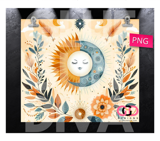 Boho Sun & Moon - Digital tumbler wrap for 20 oz skinny straight tumbler