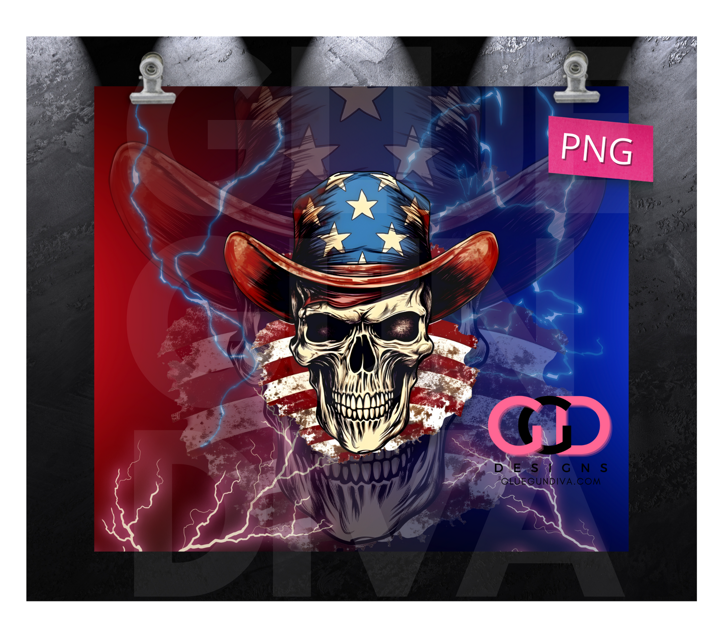 Electric Patriotic Skull- Digital tumbler wrap for 20 oz skinny straight tumbler