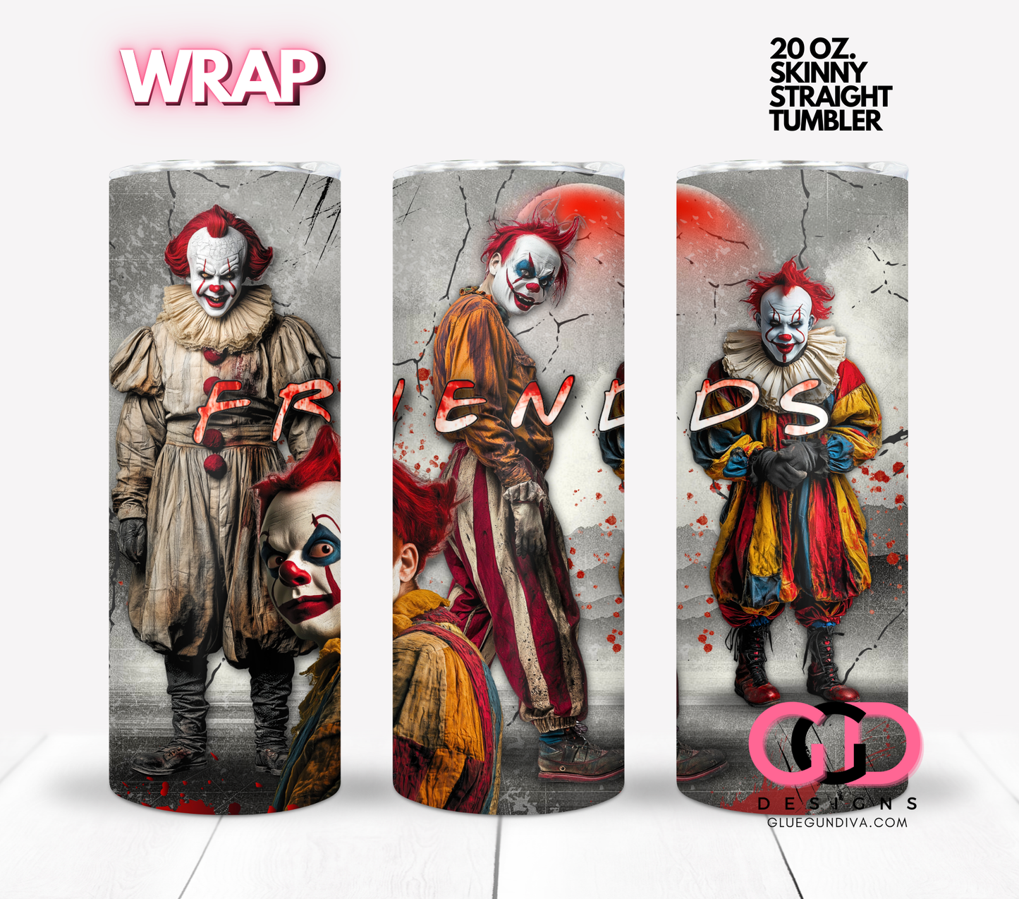 Clown Friends - Digital tumbler wrap for 20 oz skinny straight tumbler
