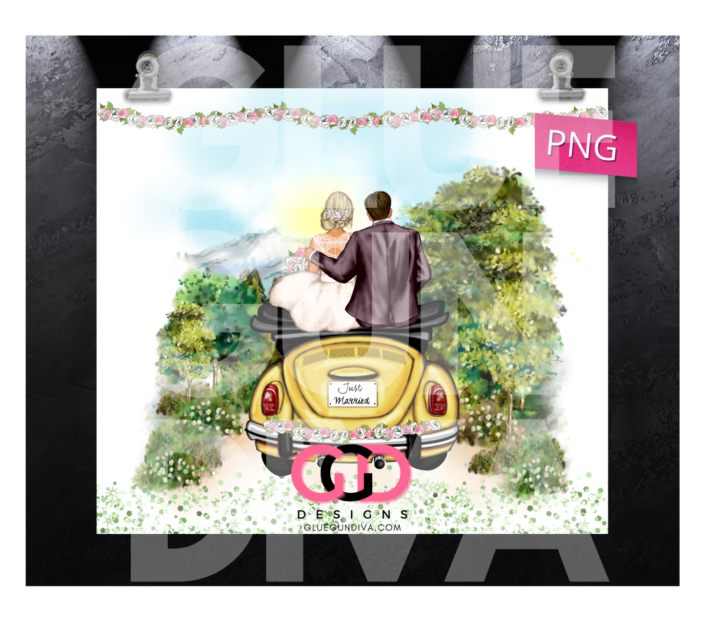 Just Married Love Beetle White Couple - Digital tumbler wrap for 20 oz skinny straight tumbler