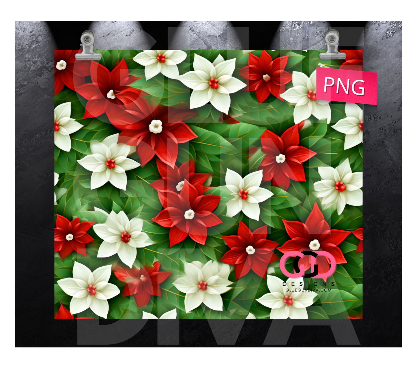 3D Bright Poinsettias- Digital tumbler wrap for 20 oz skinny straight tumbler