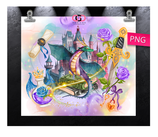 Fantasy Dragon Reading- Digital tumbler wrap for 20 oz skinny straight tumbler