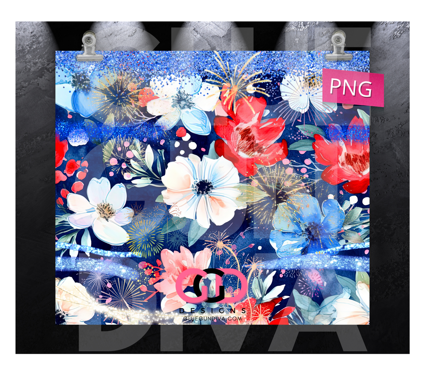 Patriotic Flowers and Fireworks - Digital tumbler wrap for 20 oz skinny straight tumbler