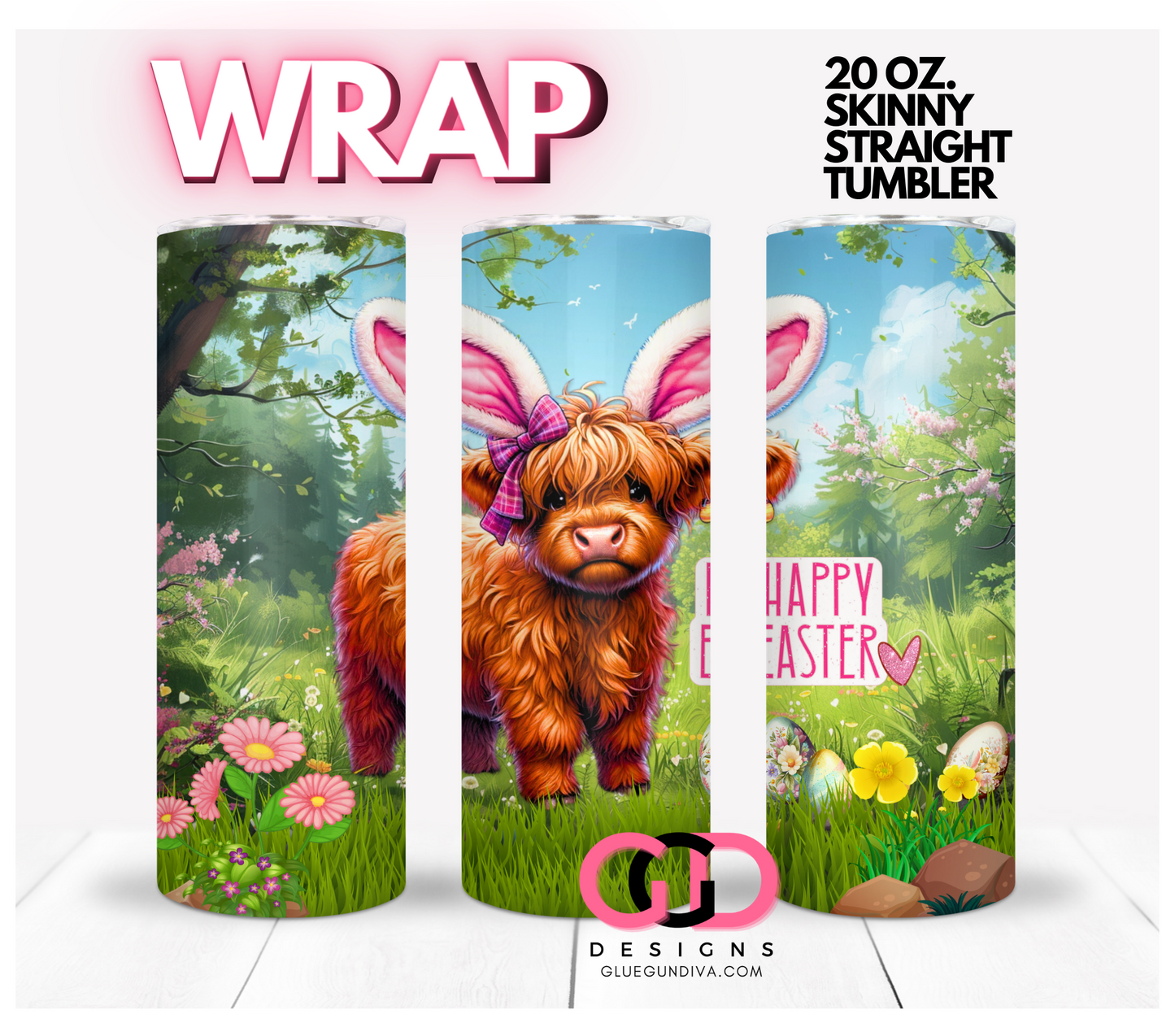 Easter Highland Cow Bunny- Digital tumbler wrap for 20 oz skinny straight tumbler