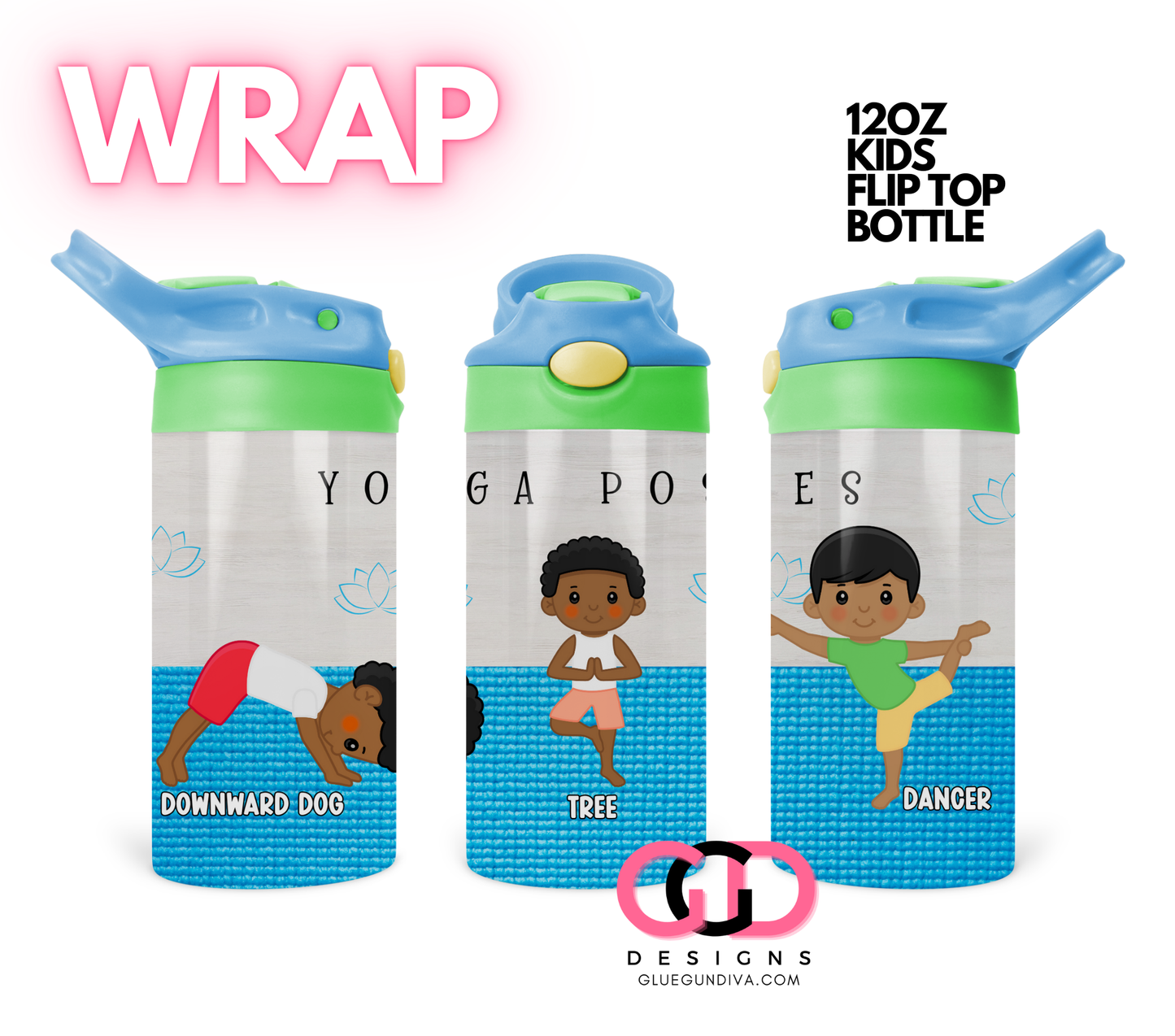 Yoga Poses Boy 2 - Digital Flip Top Bottle Wrap for kid's bottles 12 oz