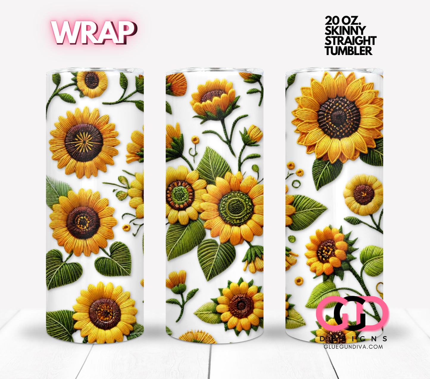 Embroidered Sunflowers- Digital tumbler wrap for 20 oz skinny straight tumbler