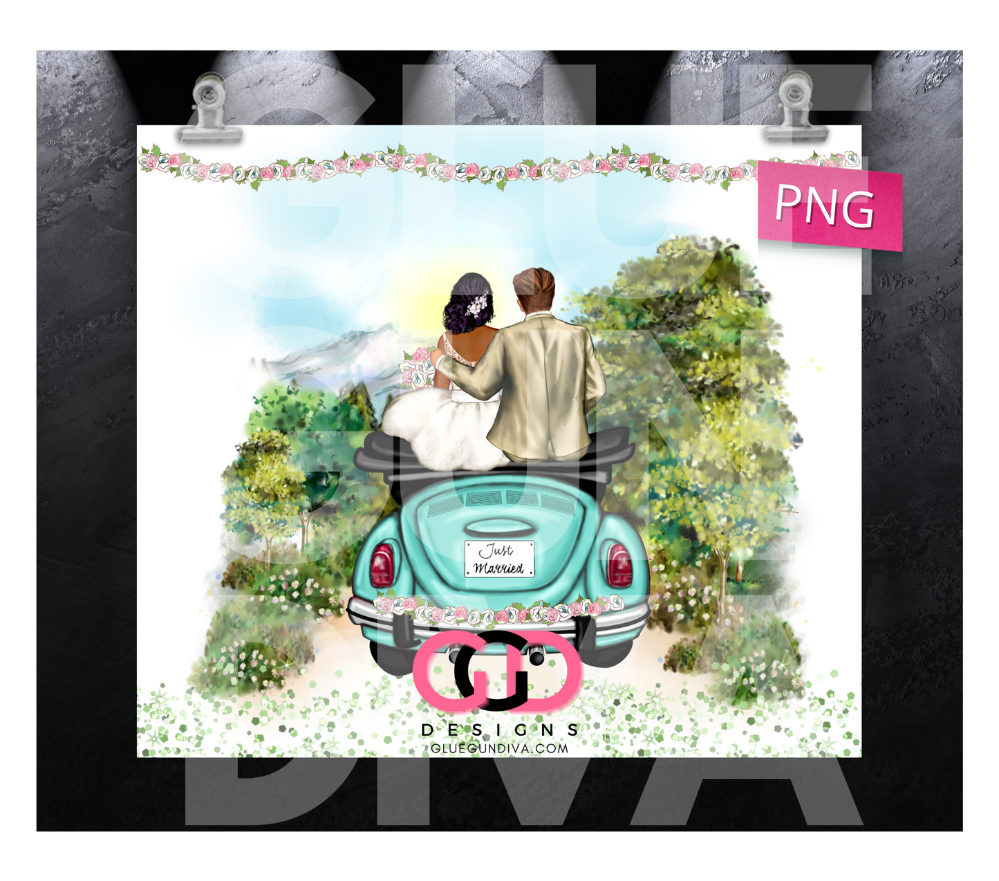 Just Married Love Beetle Biracial Couple - Digital tumbler wrap for 20 oz skinny straight tumbler