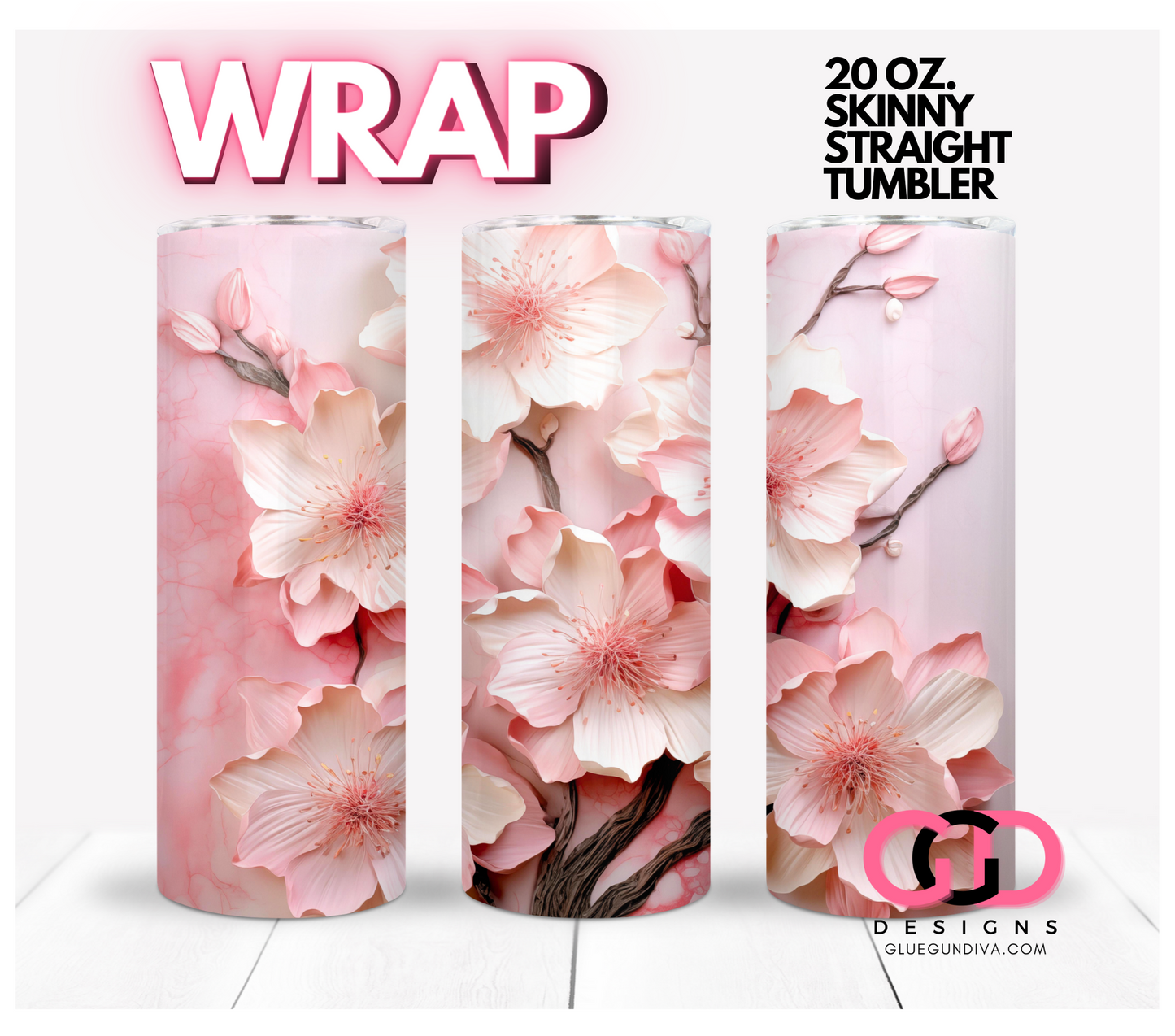 3D Pink Flowers, distressed background- Digital tumbler wrap for 20 oz skinny straight tumbler